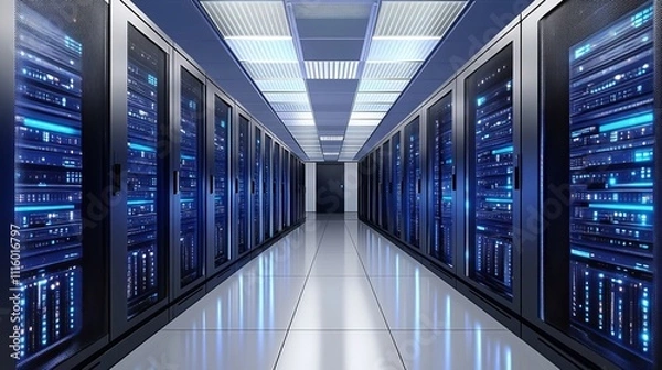 Fototapeta 3D rendering of a data center with server racks and a light blue background. Computer mainframe in modern, futuristic technology, a super computer room interior design.