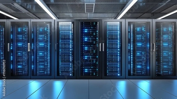 Fototapeta 3D rendering of a data center with server racks and a light blue background. Computer mainframe in modern, futuristic technology, a super computer room interior design.