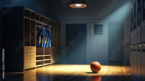 Fototapeta A dimly lit basketball locker room with a single basketball in focus.