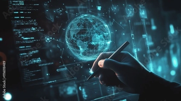 Fototapeta Digital background featuring data and technology symbols, in a dark blue color theme, with a futuristic style and a business people working in an office environment. 