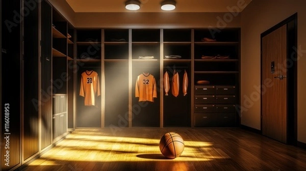 Obraz A dimly lit sports locker room featuring jerseys and a basketball on the floor.