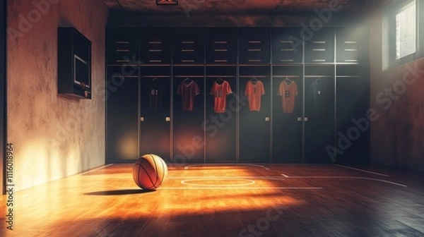 Obraz A dimly lit sports locker room with a basketball and jerseys hanging in the background.