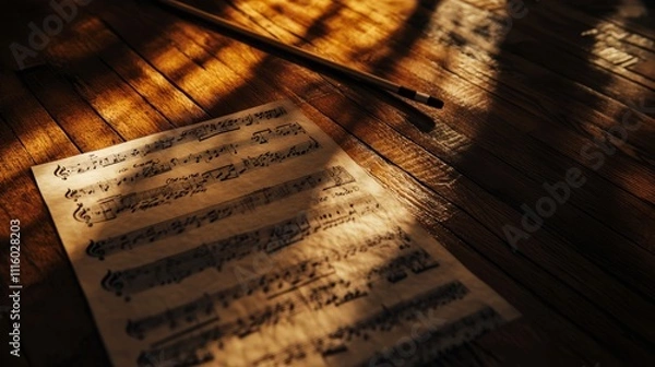 Obraz Classical music notes on single wooden stands show elegance, embodying the timeless beauty and intricate art of orchestral works