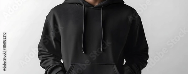 Fototapeta Minimalist black hoodie template for mockups, displayed flat on a white background with precise details,