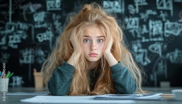 Obraz A frustrated student with messy hair struggles to concentrate on math homework in class