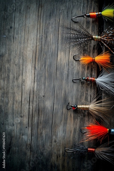 Obraz Fly fishing flies on a rustic wooden background