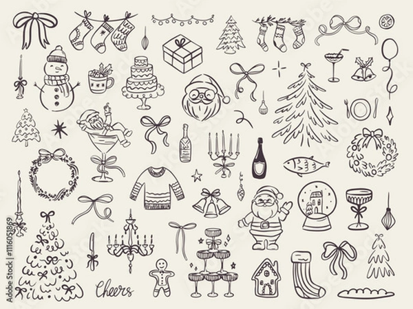 Fototapeta Set of whimsical hand drawn christmas food and drink illustration in trendy vintage style. Perfect for quirky new year holiday, dinner and bar menu, bachelorette party, birthday invitation, sign