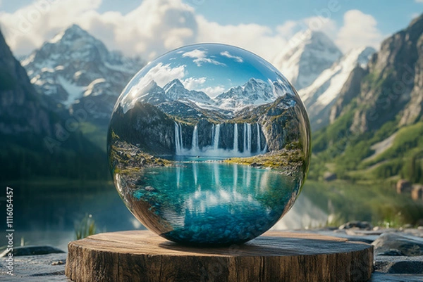 Fototapeta A glossy sphere on a rustic wooden slab showcasing a panoramic view of snow-capped mountains, cascading waterfalls, and serene valleys with a crystal-clear lake, styled as a decorative piece