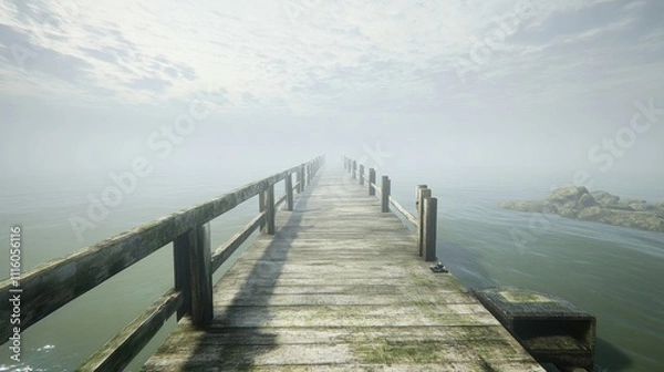 Fototapeta Misty Lakeside Dock: A Serene Pathway to Tranquility