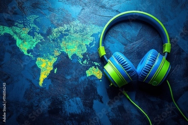 Fototapeta Colorful Headphones Resting on a Blue World Map with a Vibrant and Dynamic Design, Symbolizing Global Music and Connection