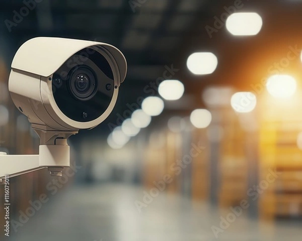 Fototapeta CCTV cameras monitoring the loading docks of a factory, live footage being reviewed by security staff in a control center, late afternoon light
