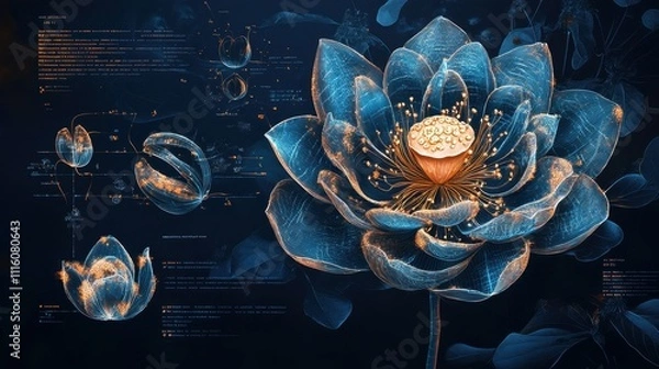 Fototapeta A detailed illustration of a lotus flower with scientific annotations.