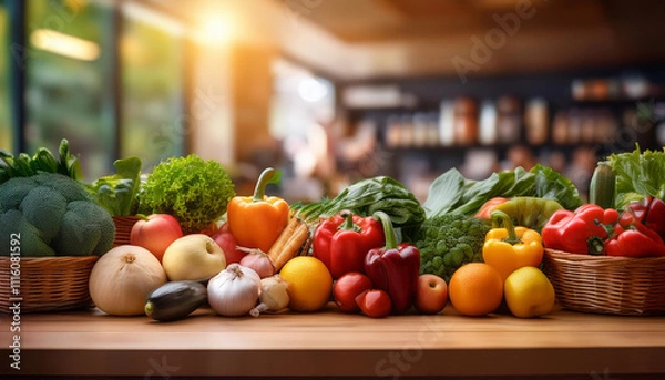 Fototapeta resh vegetables and fruits scattered placed on counter, empty space for produ