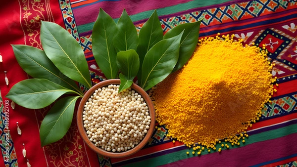Obraz A flat lay of Indian ingredients: curry leaves, lentils, and mustard seeds on a colorful textile.