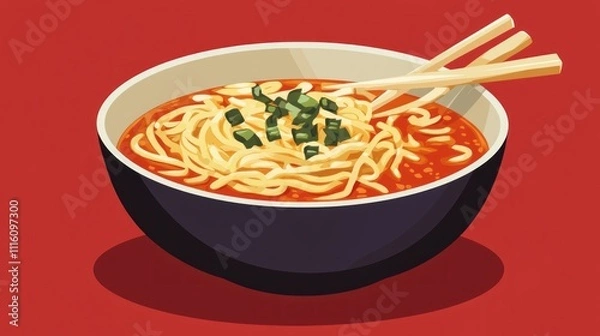 Obraz A bowl of noodles in a spicy red broth, garnished with green onions and chopsticks.