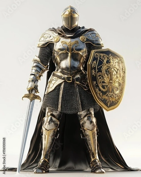 Fototapeta A detailed armored knight holding a sword and shield, ready for battle.