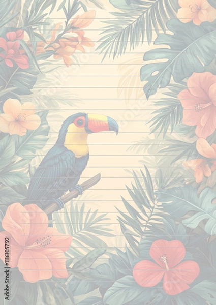 Fototapeta Papier à lettres pastel avec décorations thème tropical, feuilles de palmier, fleurs exotiques , toucan, avec des lignes droites et fines pour l'écriture, fond pêche clair, style vibrant et ensoleillé