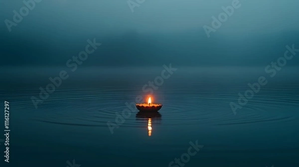 Fototapeta A moody shot of a lone diya floating on a river during Ganga Aarti, with the faint glow reflecting on the water.
