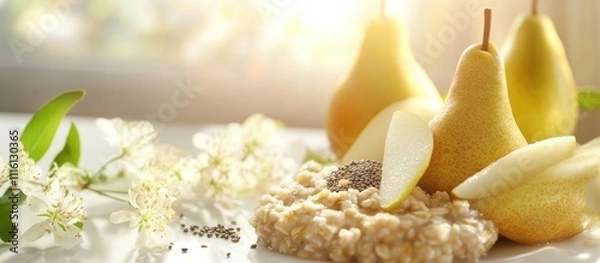 Fototapeta Healthy oat porridge with fresh pears and chia seeds for a nutritious breakfast in a serene floral setting with soft natural light