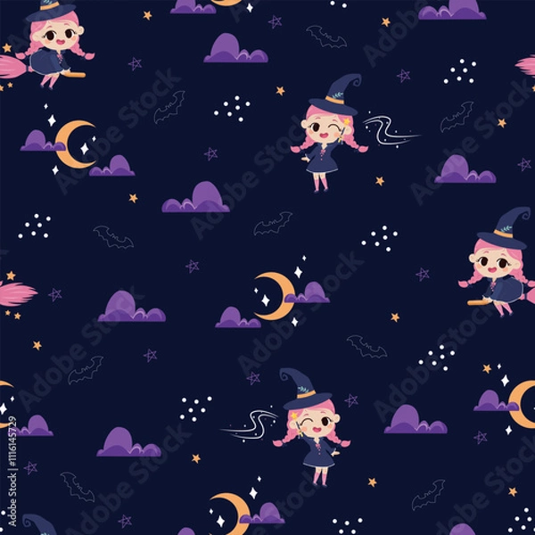 Fototapeta Cute witch, cloud, bat and moon seamless pattern. Halloween cartoon character background. Vector illustration in cartoon style. kids collection