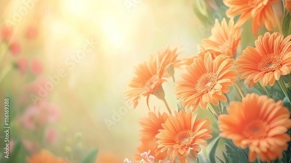 Fototapeta Vibrant orange gerbera flowers bloom in a summer garden, adding a splash of color to the scene. The orange gerbera flowers create an inviting atmosphere with ample space for text.
