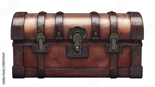 Fototapeta Vintage wooden treasure chest with ornate leather straps closed against a white background showcasing craftsmanship and elegance.