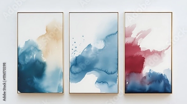 Fototapeta Striking Abstract Watercolor Compositions in Azure, Ruby, and Cream for Interior Spaces