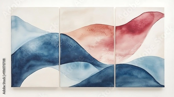 Fototapeta Striking Abstract Watercolor Compositions in Azure, Ruby, and Cream for Interior Spaces