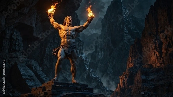 Fototapeta Statue of Prometheus, the fire-bringer god, raising a flame with both hands, with determination and sacrifice in his eyes, set against a backdrop of dark caves and cold mountains, with carvings showca