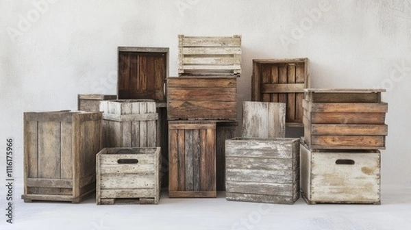 Fototapeta Old wooden crates in various states of wear create a rustic atmosphere, arranged atop a weathered white surface. The soft focus background enhances the charm of these wooden crates.