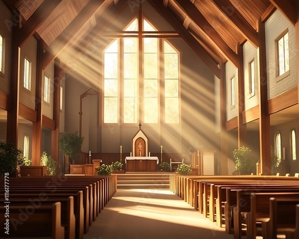Fototapeta A peaceful church interior with warm brown wooden pews and soft golden rays filtering through high windows.