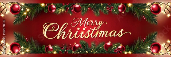 Obraz A vibrant holiday-themed banner featuring a warm, rich red velvet background illuminated by delicate, glowing fairy lights that resemble twinkling stars,