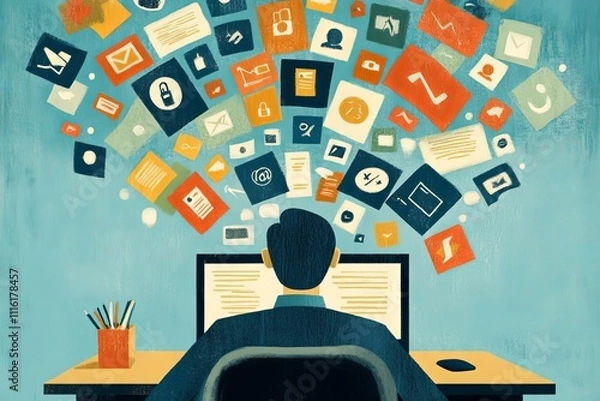 Fototapeta An adult with ADHD is focused on work at a desk, surrounded by distracting digital icons