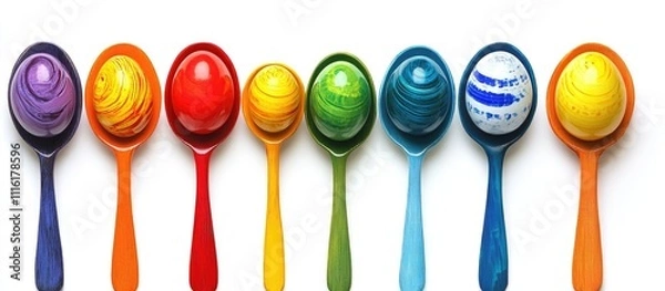 Fototapeta Colorful Easter eggs arranged on spoons in a top view composition isolated on a white background perfect for spring celebrations and promotions.