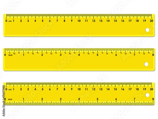 Obraz Set of three yellow rulers, marked in centimeters, inches and combined, rectangular shape. Graduation of inches ruler of 1/16