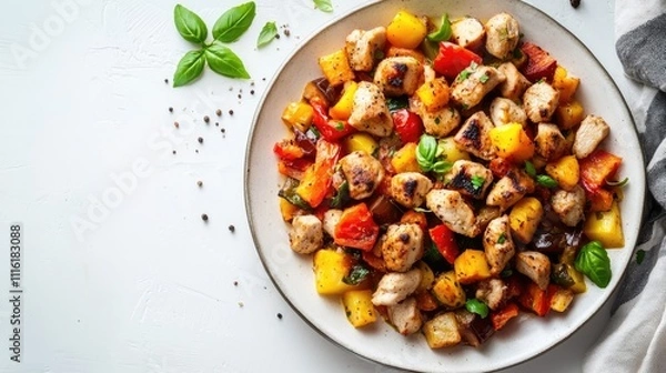 Fototapeta Plate of vibrant diced vegetables and tender meat, presenting a delicious summer ratatouille with chicken. Perfect for culinary inspiration and colorful recipe ideas, with ample copy space.