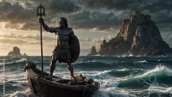 Fototapeta Statue of Odysseus, the hero of wisdom and adventure, holding a ship's helm and sword, standing before the turbulent sea, with a backdrop of mysterious islands and mist, with carvings depicting his wi