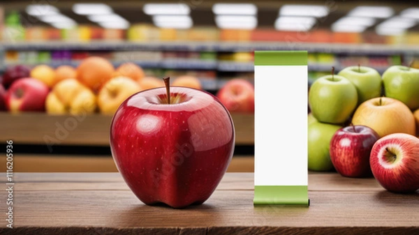 Fototapeta A red large ripe apple and green yellow fruits lie on a brown wooden table. Nearby is a label mockup. Out of focus background - store shelves with fruits and vegetables.