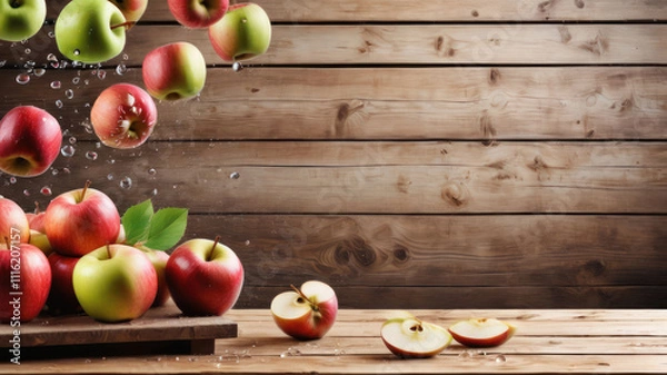 Fototapeta Apples on a wooden shelf and flying. Fruits of three colors: red, green and yellow with leaves. They are all ripe and juicy. The background is a dark wooden wall. Illustration with space for text.