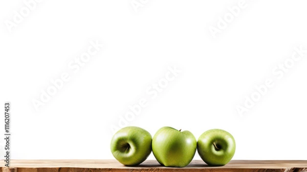 Obraz Apples on a wooden shelf. The fruits are green - ripe and juicy. The background is a white wall. Vertical illustration with space for text.