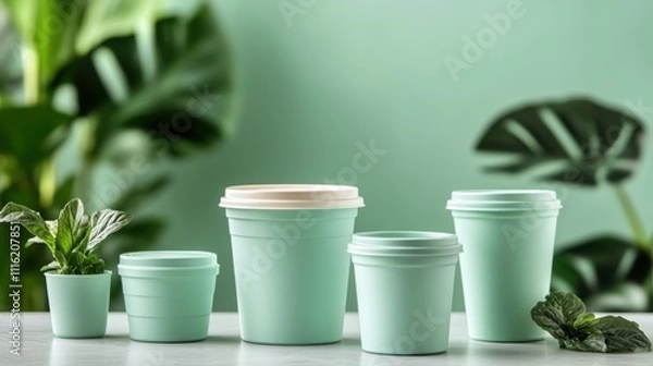 Fototapeta Elegant Collection of Mint Green Plant Pots and Containers for Home Decor, Featuring Various Sizes Against a Soft Green Background with Lush Foliage