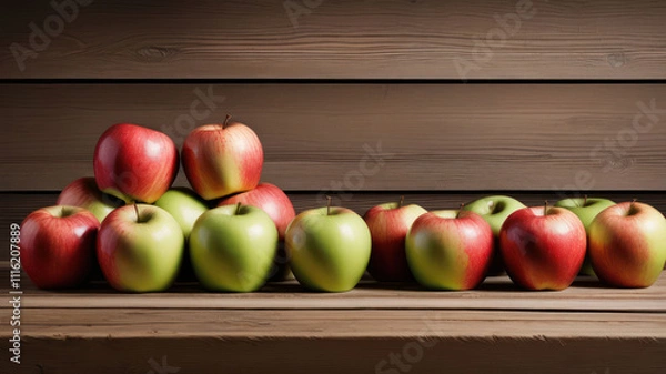Obraz Apples on a wooden shelf. The fruits are of three colors: red, green and yellow with leaves. They are all ripe and juicy. The shelf is made of rough-hewn wood and has a natural finish. 