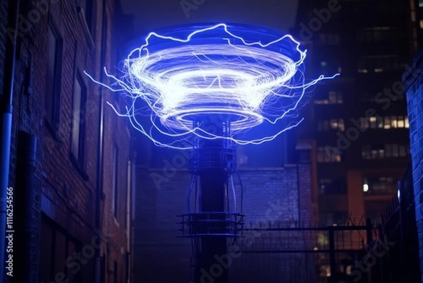 Obraz Captivating Electric Arc of a Tesla Coil Illuminating the Night Sky with Vibrant Blue Lightning and Dynamic Energy Among Urban Architecture and Buildings