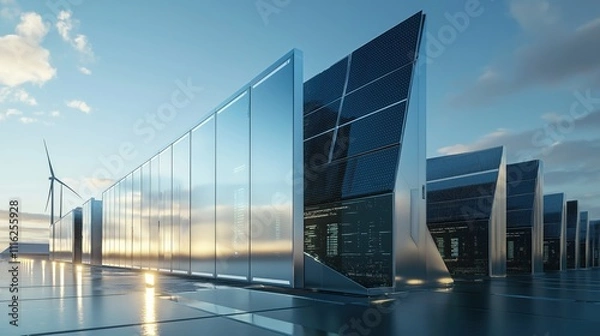 Obraz Futuristic Data Center Utilizing Solar and Wind Energy Under a Clear Sky
