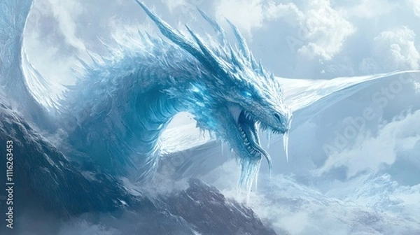 Fototapeta A majestic ice dragon emerges from clouds, showcasing its icy features.