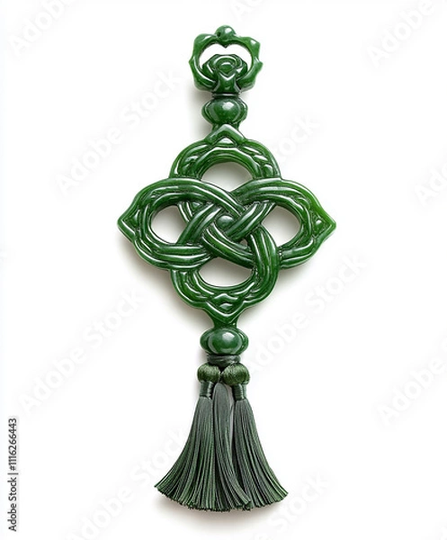 Fototapeta Decorative Chinese knot with jade charms and tassels, isolated on a white background
