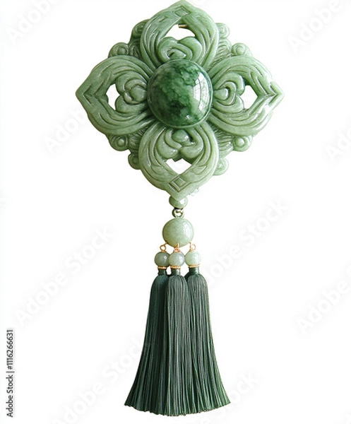 Fototapeta Decorative Chinese knot with jade charms and tassels, isolated on a white background