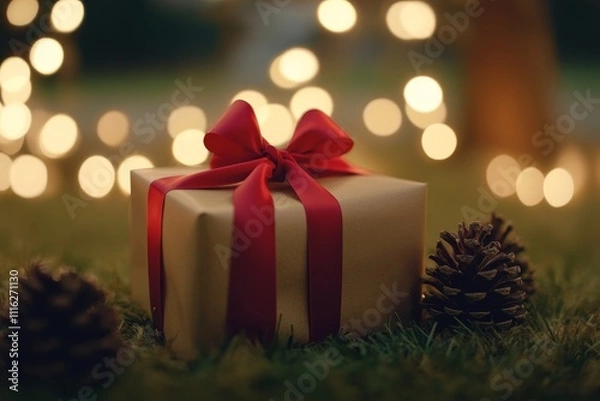 Fototapeta Cozy gift box with a red ribbon sits on the grass surrounded by sparkling bokeh lights and pine cones, evoking a warm and festive holiday atmosphere during winter season.