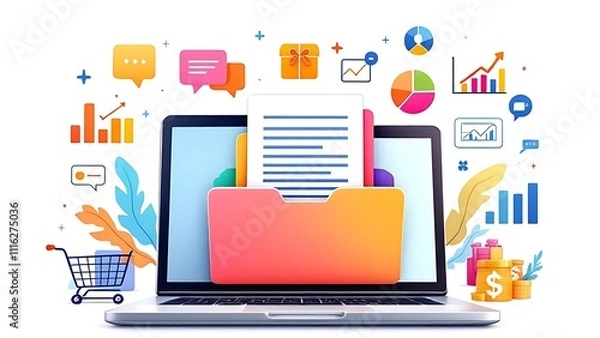 Fototapeta 3D rendering of online shopping and data analysis elements on white background. Concept of technology, commerce, and analytics