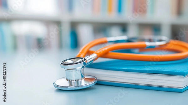 Fototapeta Orange stethoscope resting on a blue book in a medical office with a blurred background, representing healthcare and education.
